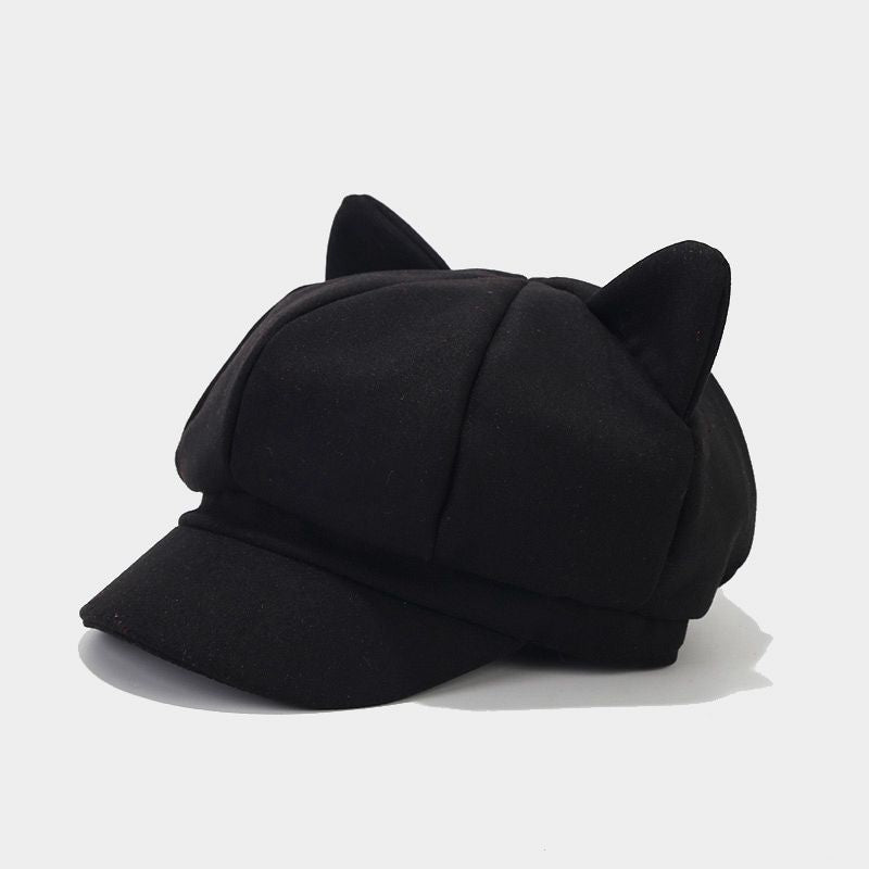 Cute Cat Ears Solid Color Warm Newsboy Hat 6W6HAT528