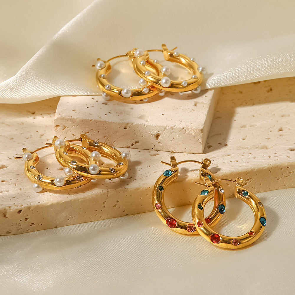 Rhinestone Pearl Hoop Earrings - DippedShop Wholesale - #8307