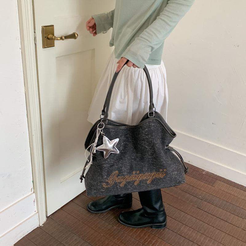 Solid Color Letters Embroideries Large Capacity Shoulder Bag 6W10BBG1358