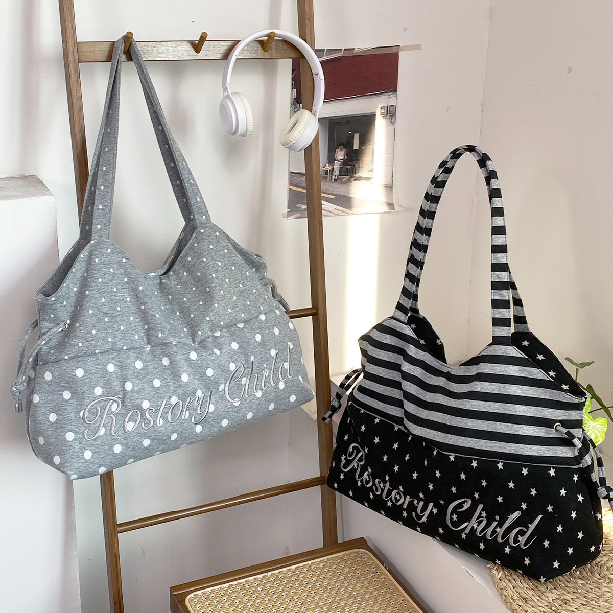 Letter Embroidery Drawstring Tote Bag - DippedShop Wholesale - #8739