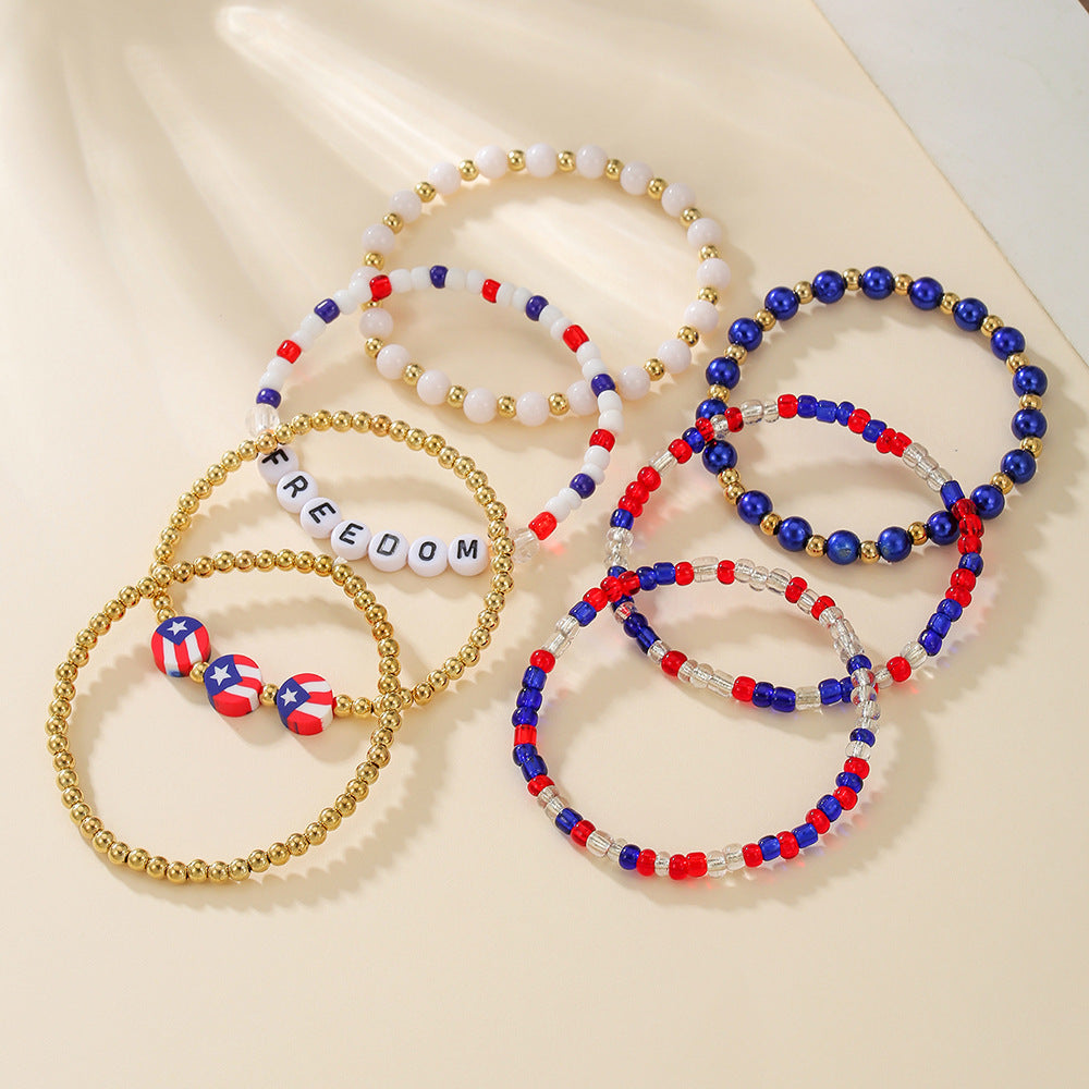 Stylish USA Flag Elastic Beaded Chain Bracelets Set 8ZA6JBR301L