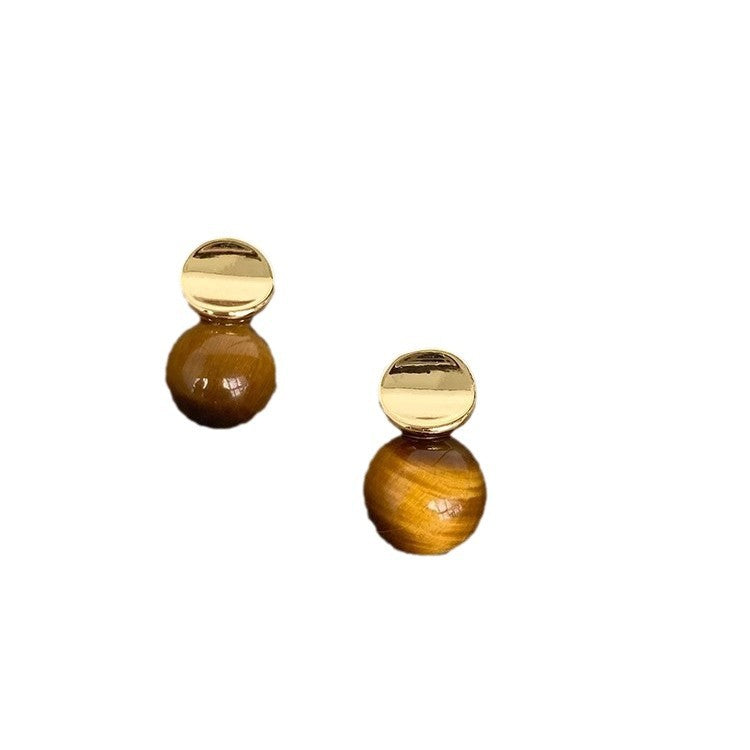 Vintage Natural Tiger Eye Bead Stud Earrings 6W6JER943