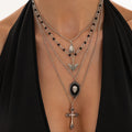 Dark Gothic Demon Wing Heart Layered Necklace 6W6JNC885 Star Chain, Bead Accents, Delicate Cable Chains