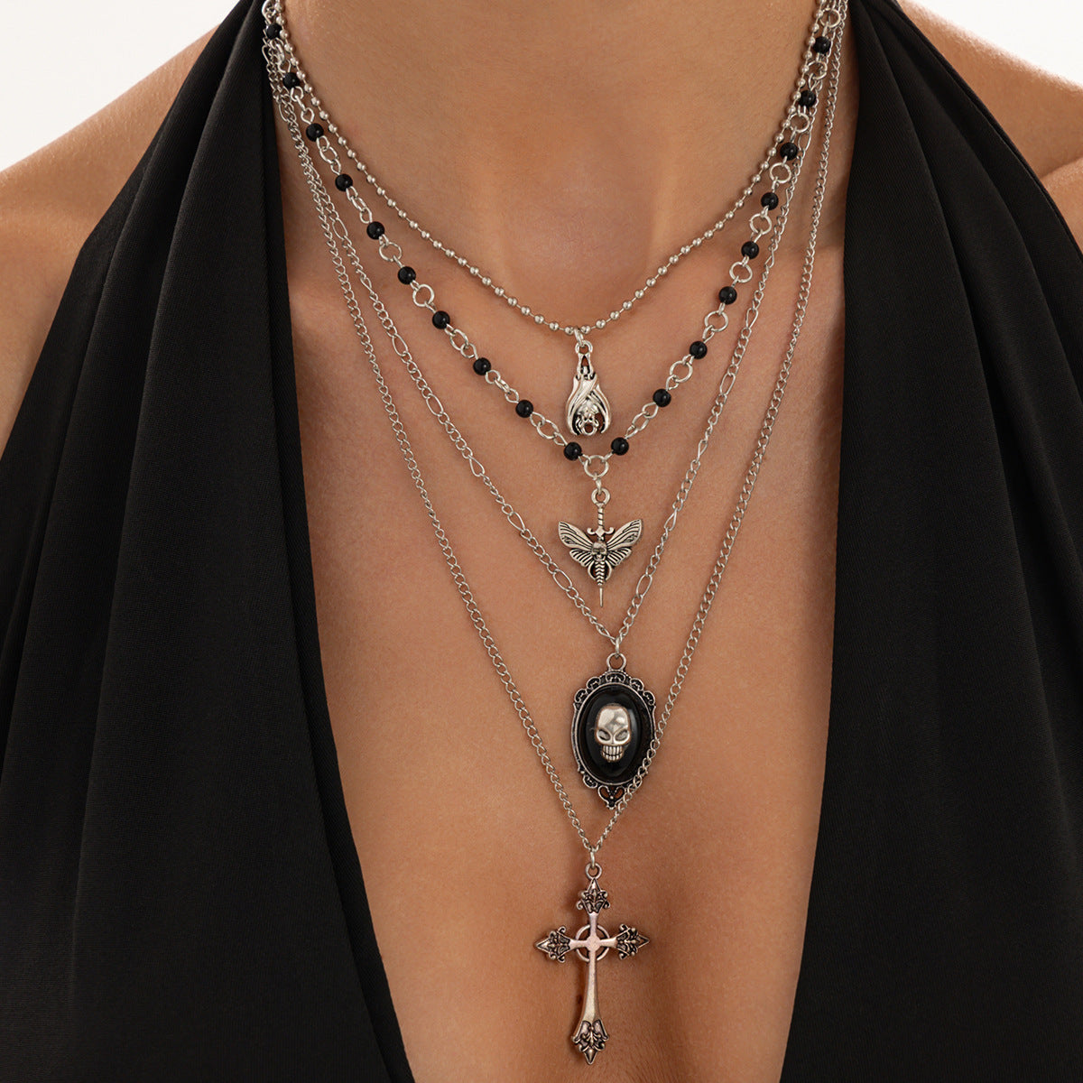 Dark Gothic Demon Wing Heart Layered Necklace 6W6JNC885 Star Chain, Bead Accents, Delicate Cable Chains