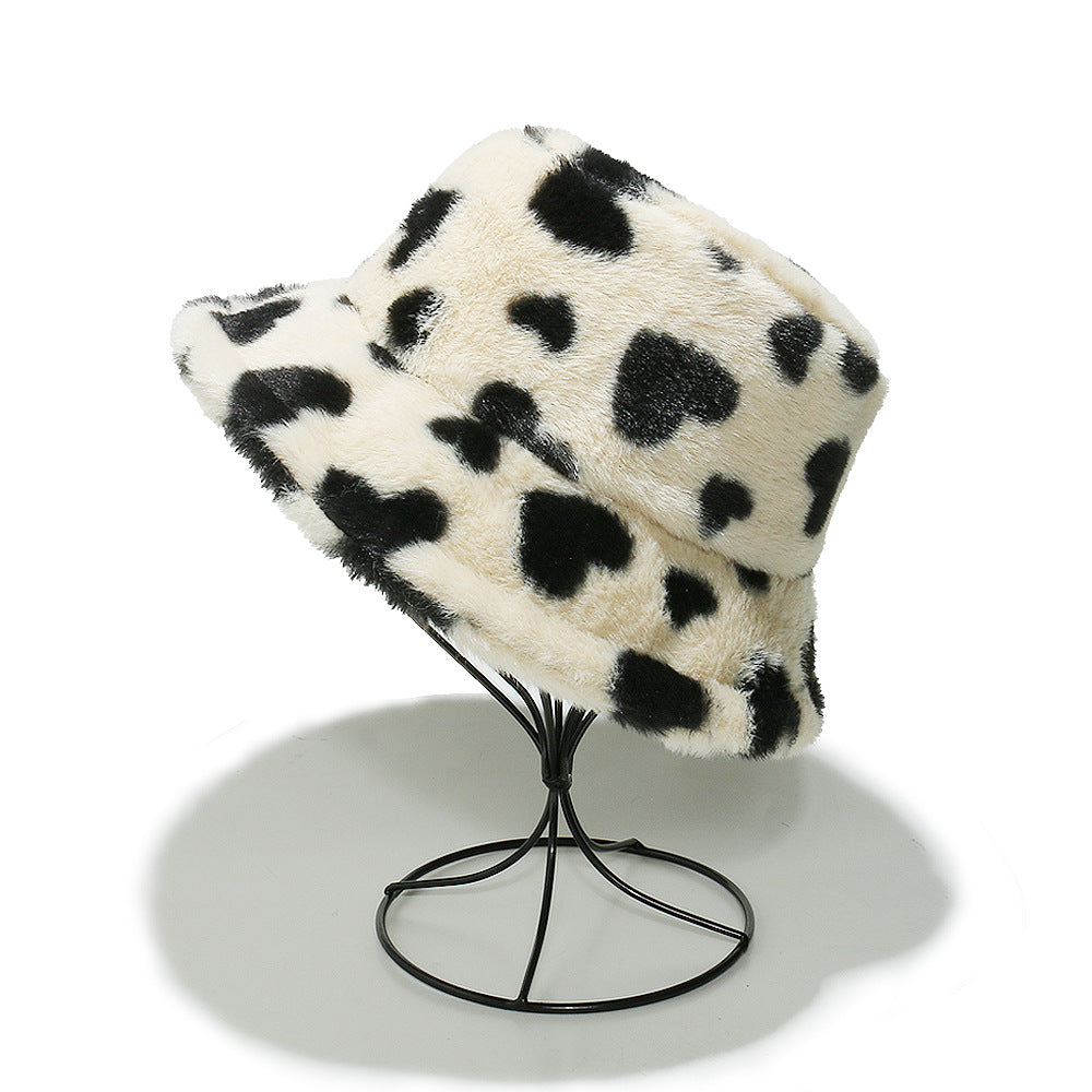 Trendy Heart Print Fluffy Plush Bucket Hat 6W6HAT808