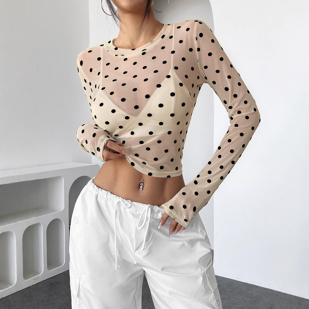 Sexy Polka Dots Mesh Long Sleeve Sheer Blouse DP25G999