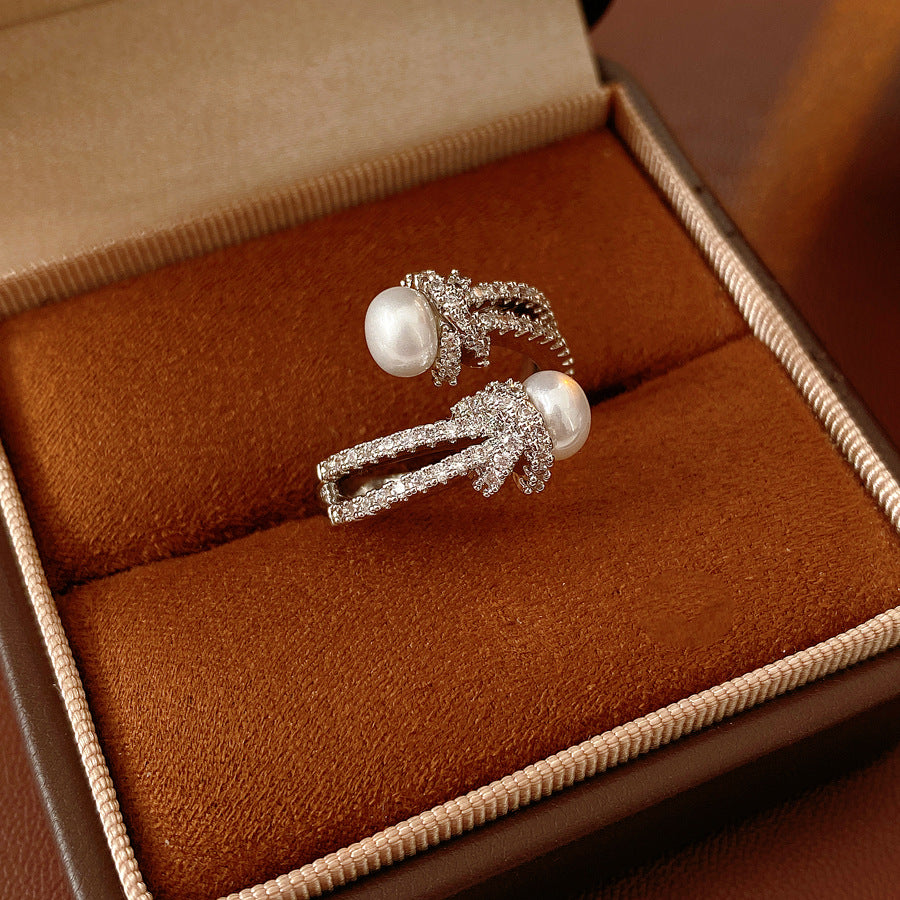 Elegant Cubic Zirconia Knot Pearl Open Ring 6W6JRG366