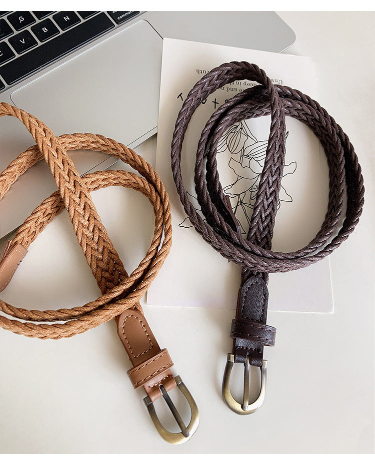 Casual Braided Woven Skinny Leather Belt 6W6JBT162