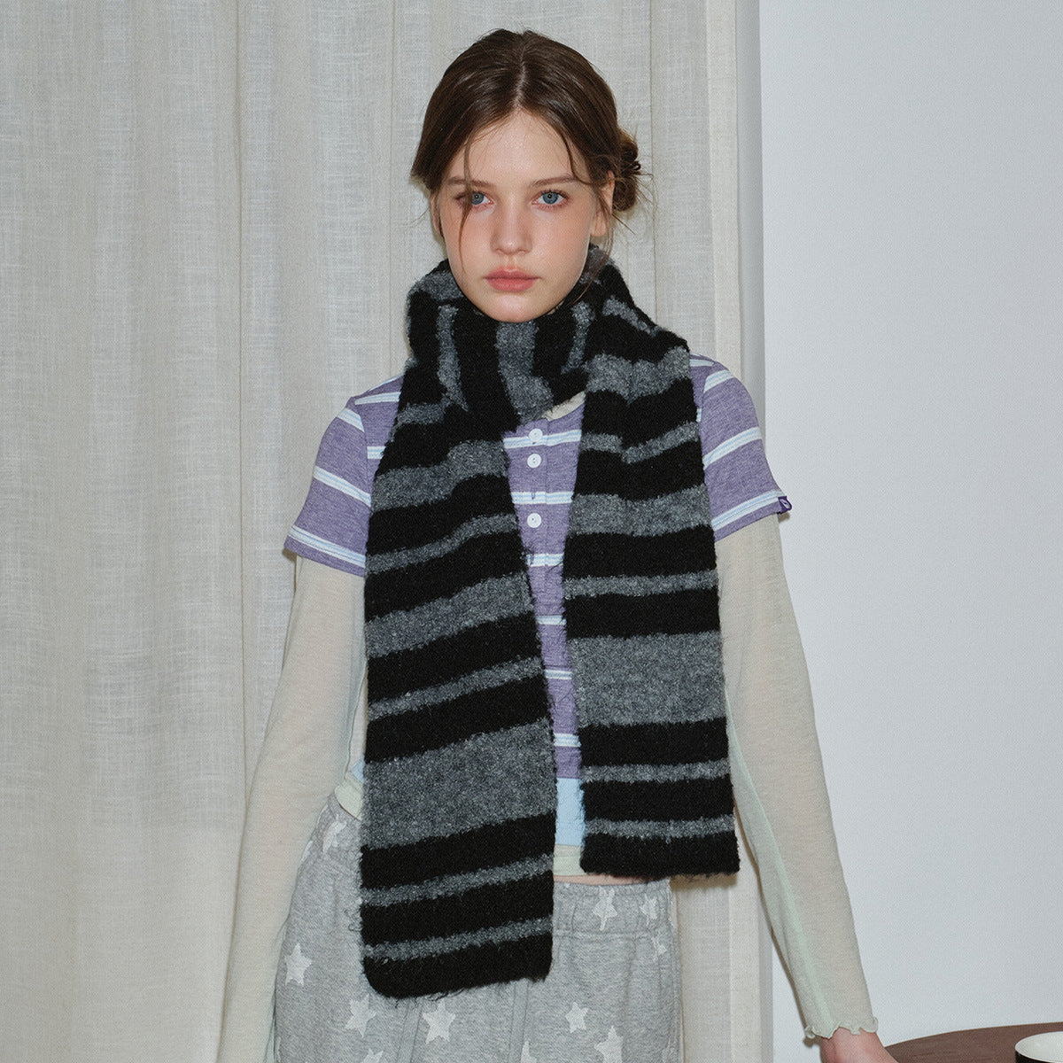 Retro Color Block Striped Knit Scarf 6W6NSW255
