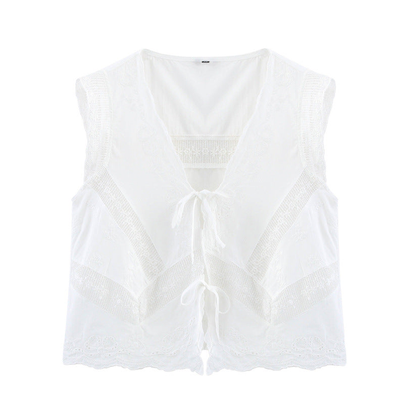 Casual Sleeveless Embroidered Tie Front Top DP25D423