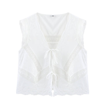 Casual Sleeveless Embroidered Tie Front Top DP25D423