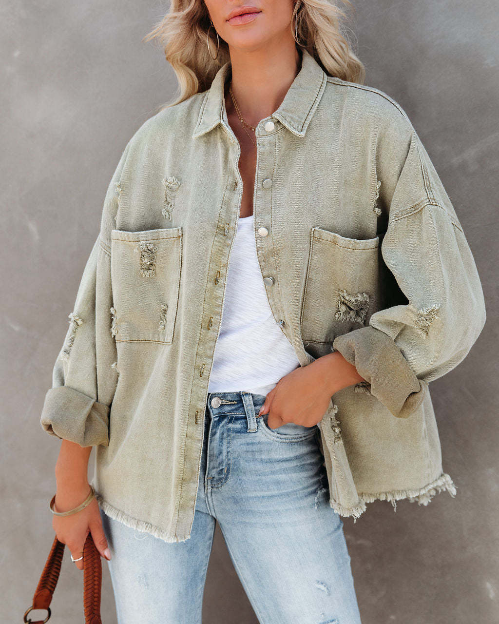 Vintage Lapel Collar Ripped Frayed Denim Jacket DP25E561