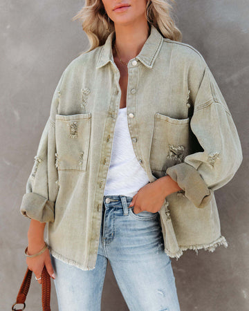 Vintage Lapel Collar Ripped Frayed Denim Jacket DP25E561
