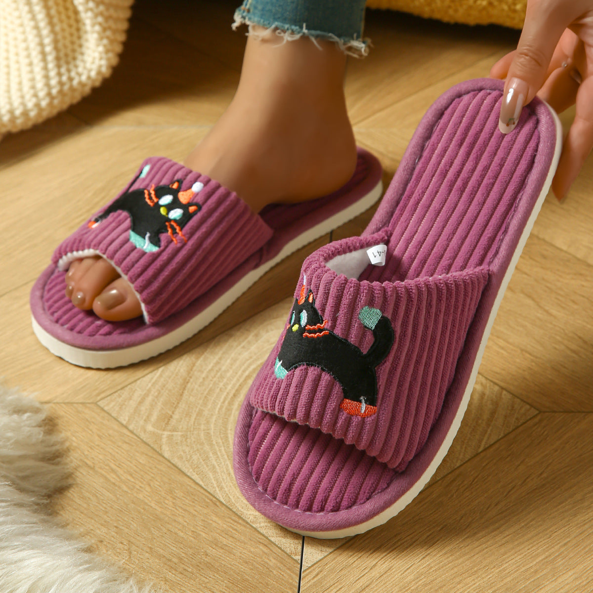 Cartoon Cat Striped Slippers - DippedShop Wholesale - #1267