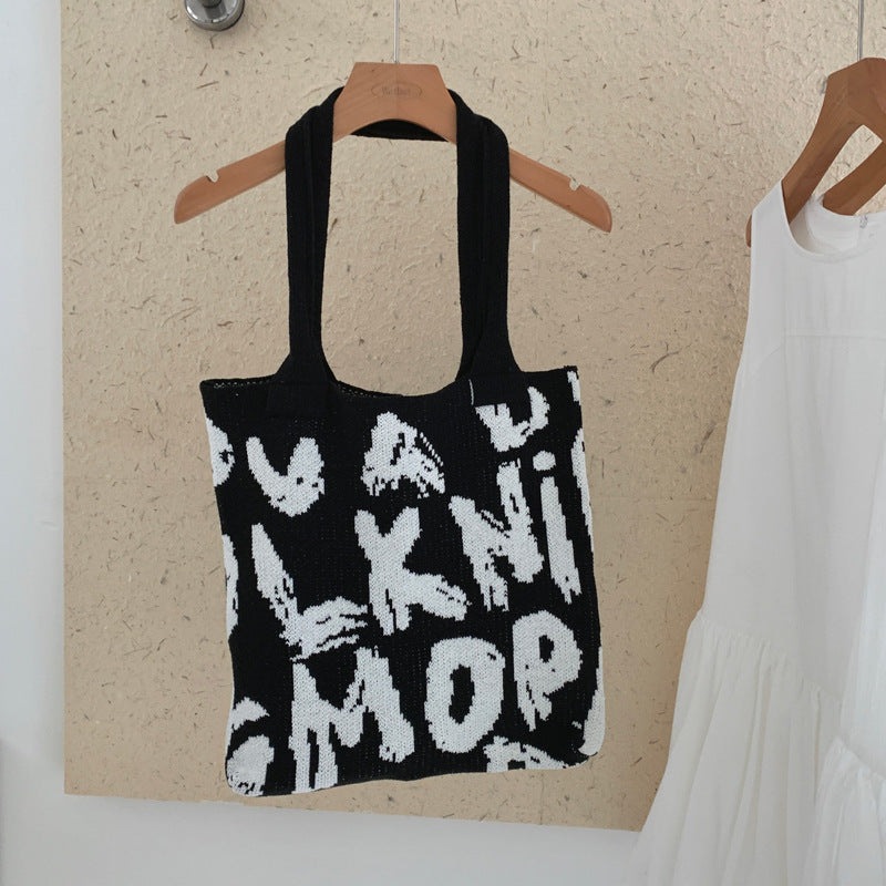 Trendy Letter Graphic Knit Shoulder Tote Bag 6W10BBG1790