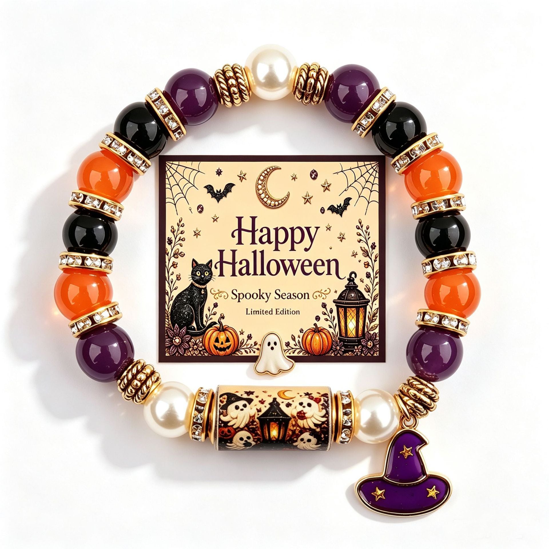 Handmade Halloween Ghost Beaded Stretch Bracelet 6W6JBR449