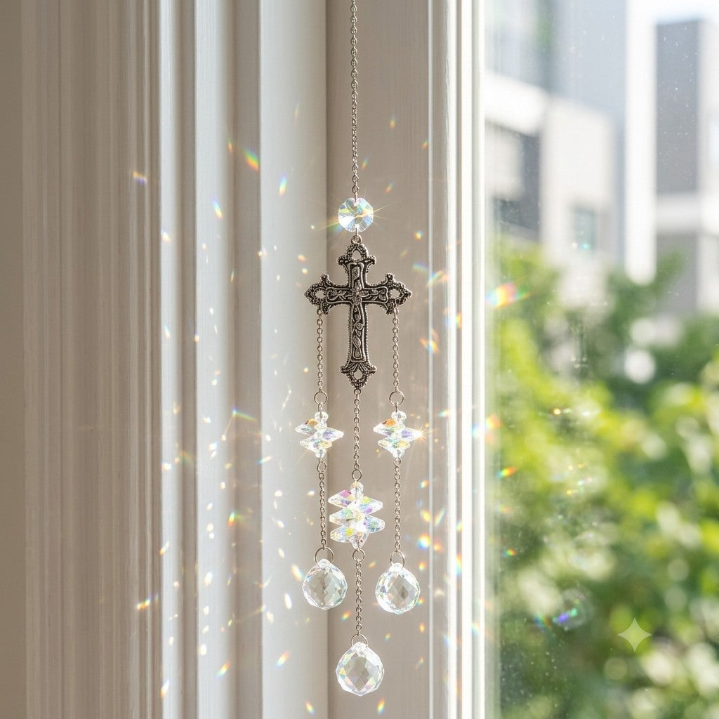 Vintage Cross Crystal Prism Wind Chime Suncatcher 6H7HLS143