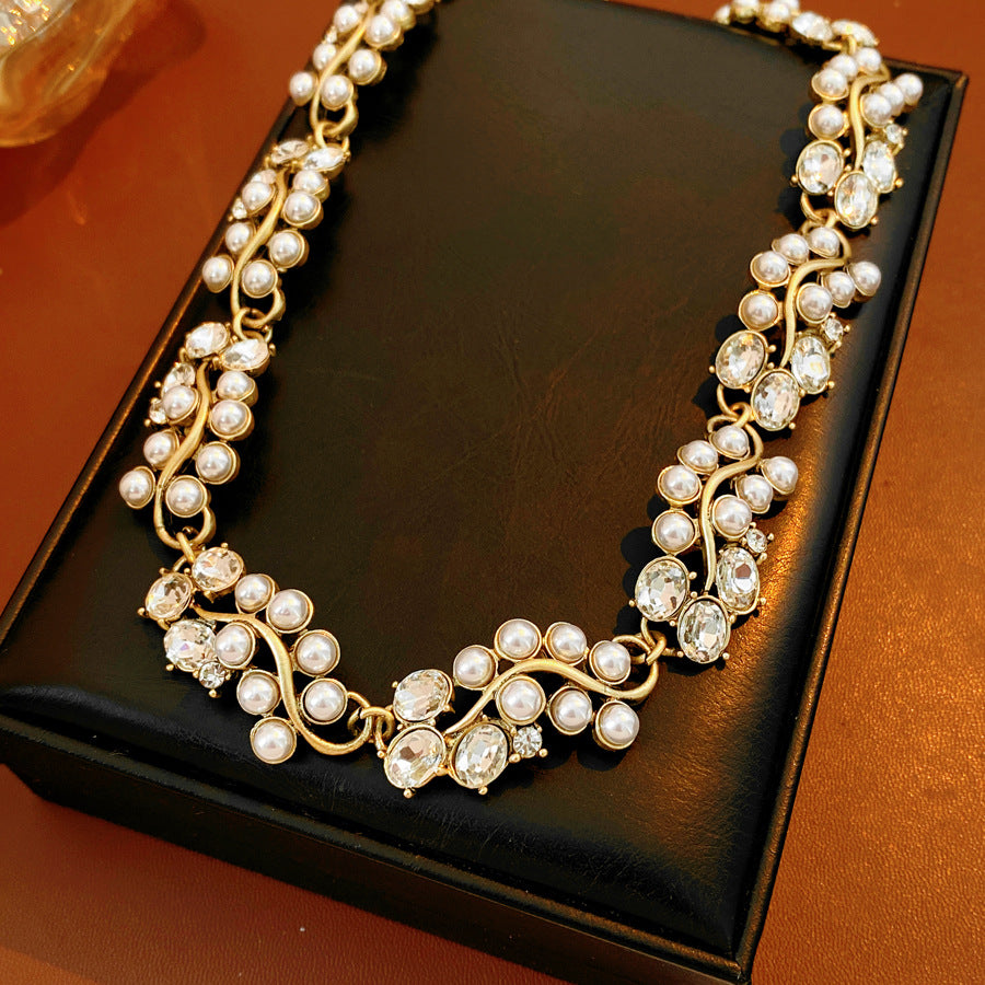 Vintage Rhinestone Rattan Splice Pearl Necklace 6W6JNC949