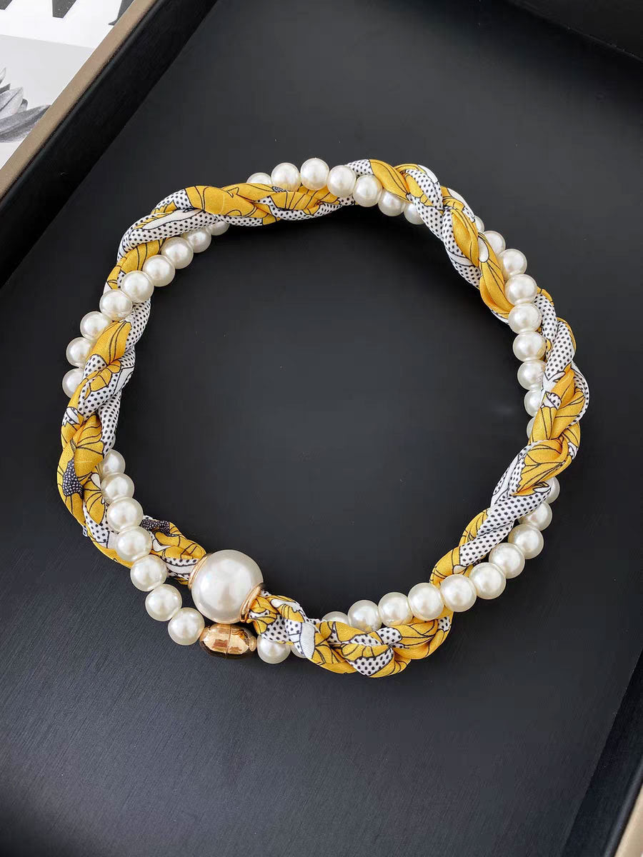 Vintage Paisley Print Pearl Chain Magnetic Scarf Necklace MK2BW6W6JNC235