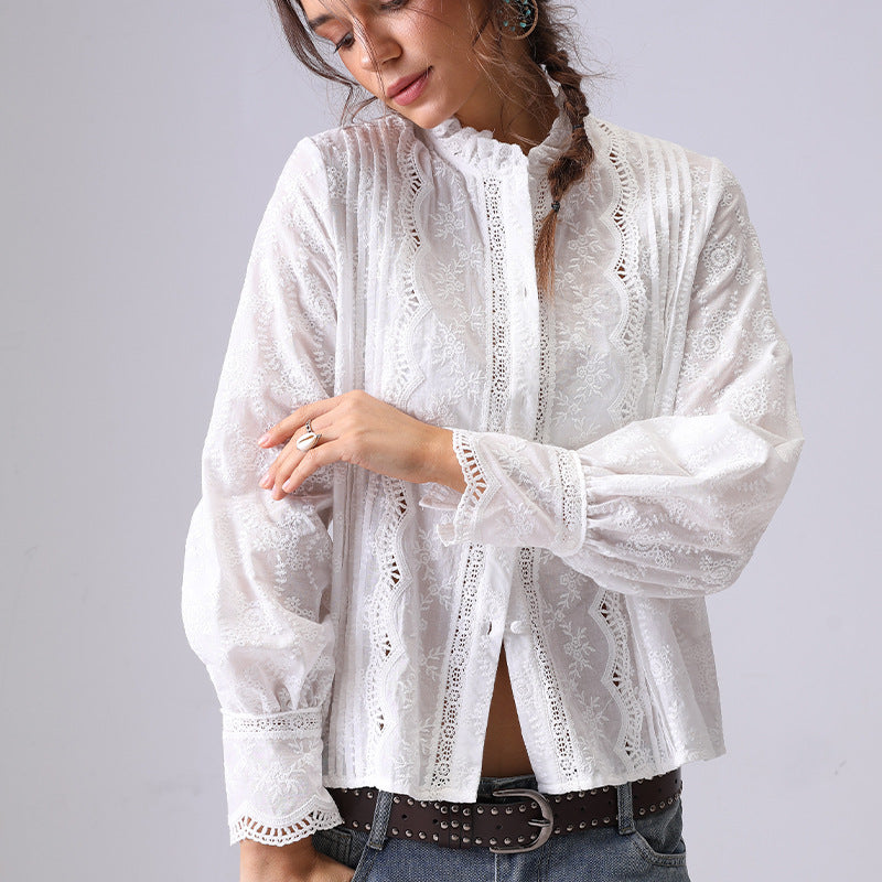Embroidered Lace Ruffled Button Down Shirt DP25C874