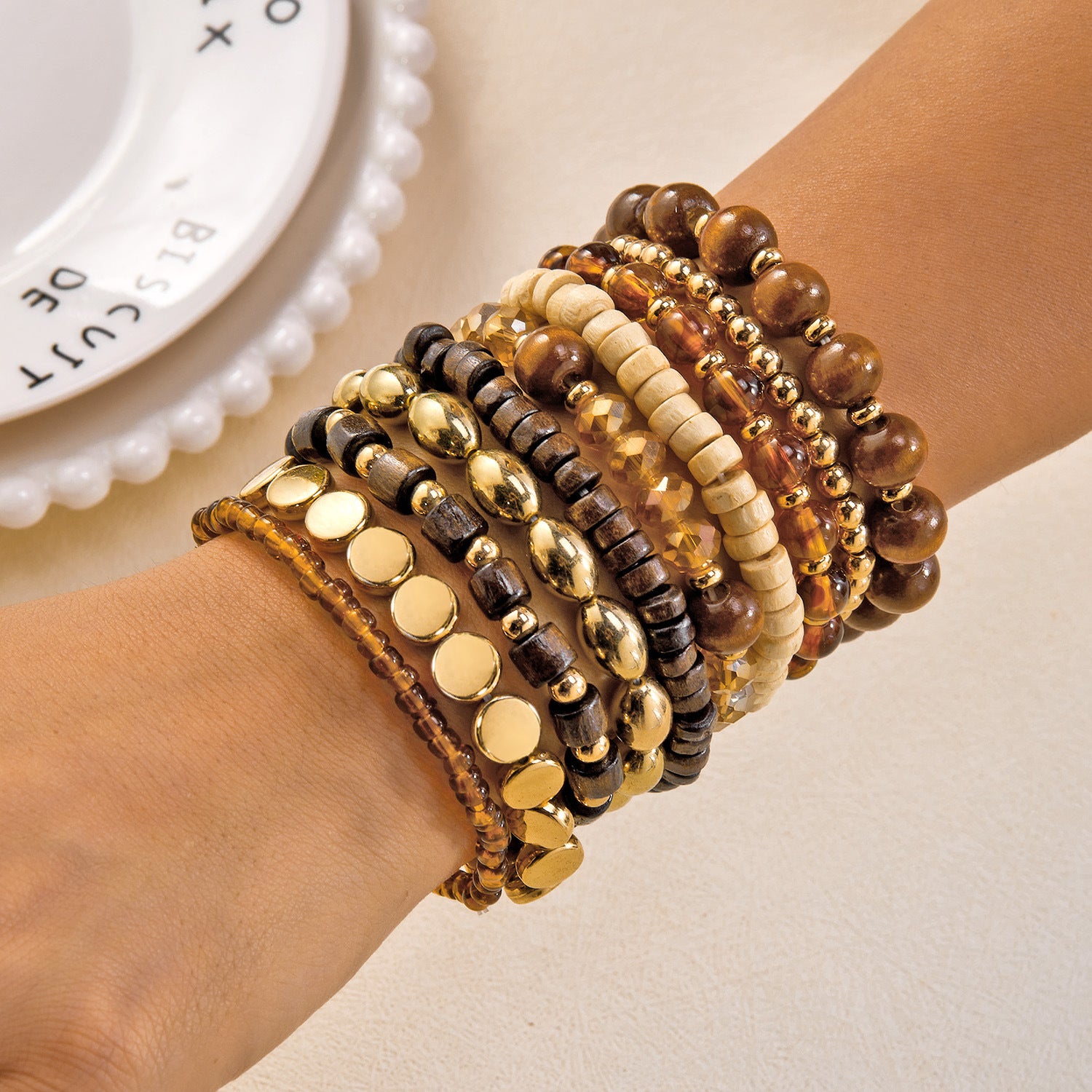 Boho Style Wooden Beaded Layered Elastic Bracelet 6W6JBR504