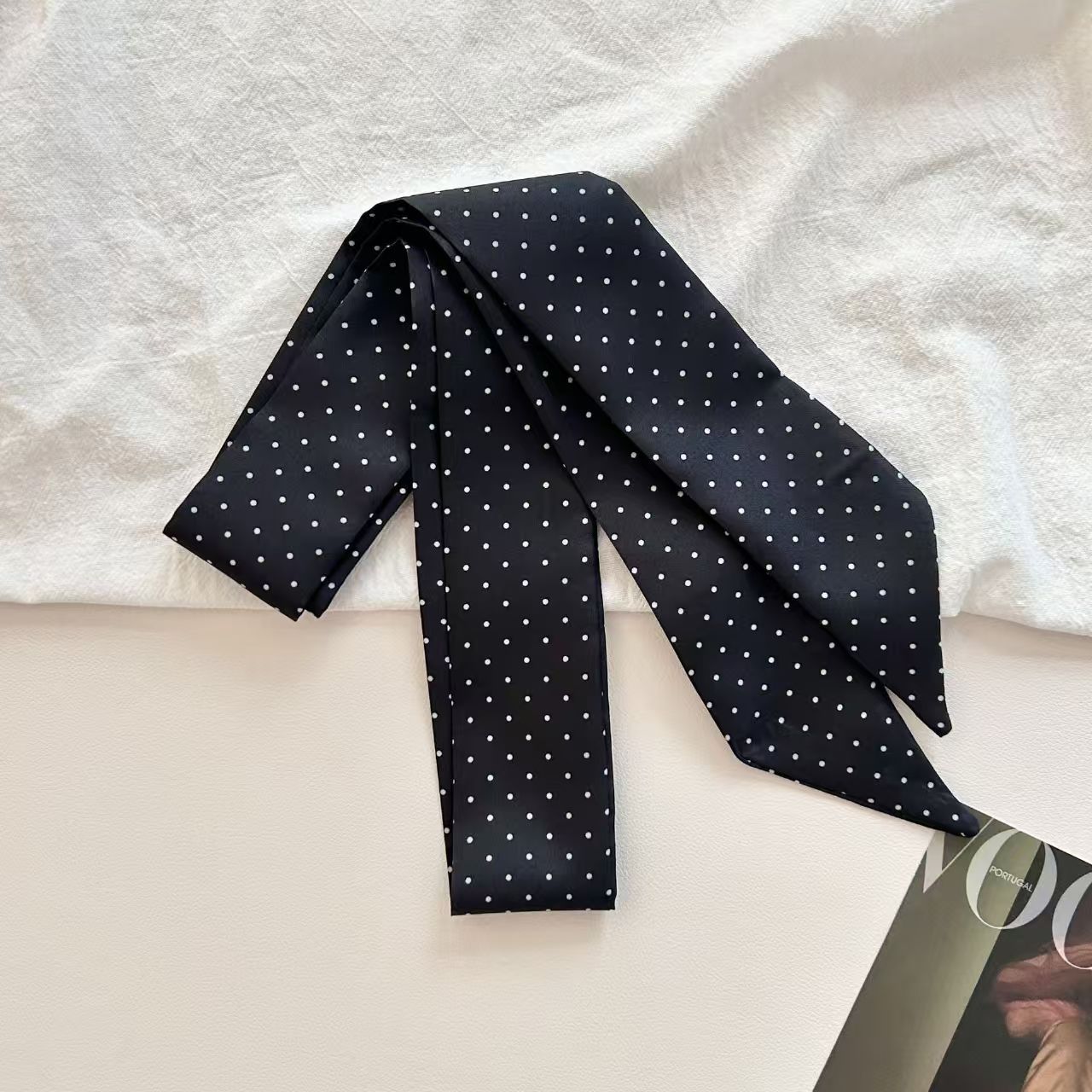 Retro Polka Dots Narrow Lightweight Silk Scarf MK2BLW6W6NSI62