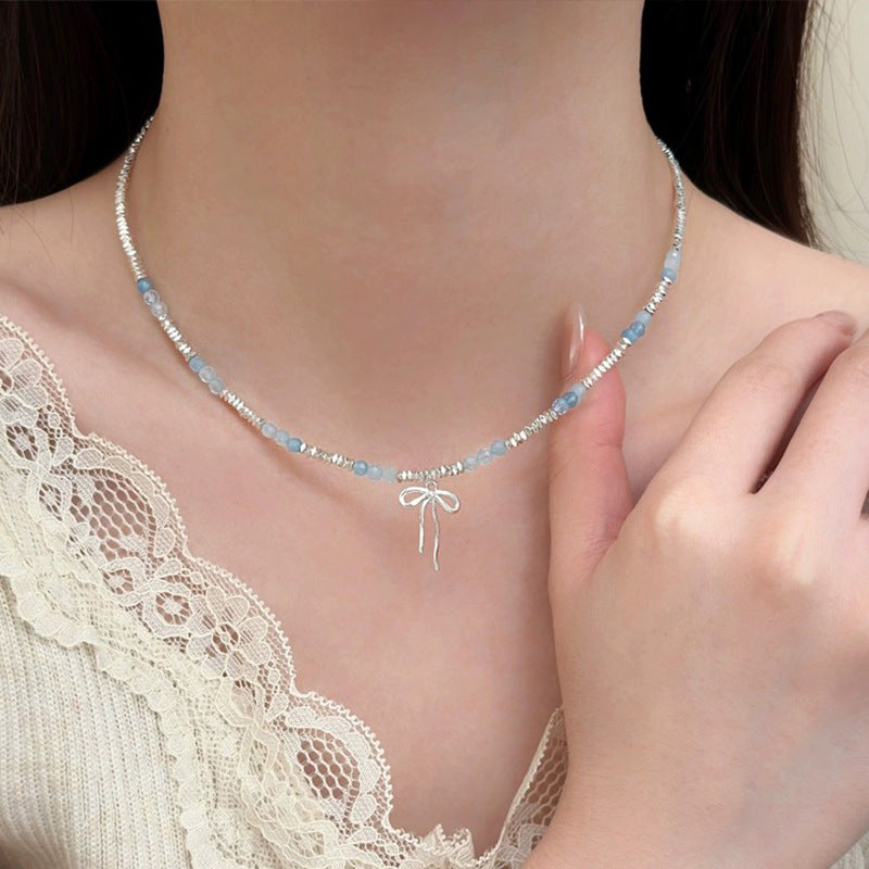 Fresh Blue Crystal Bowknot Beaded Necklace 6W6JNC434