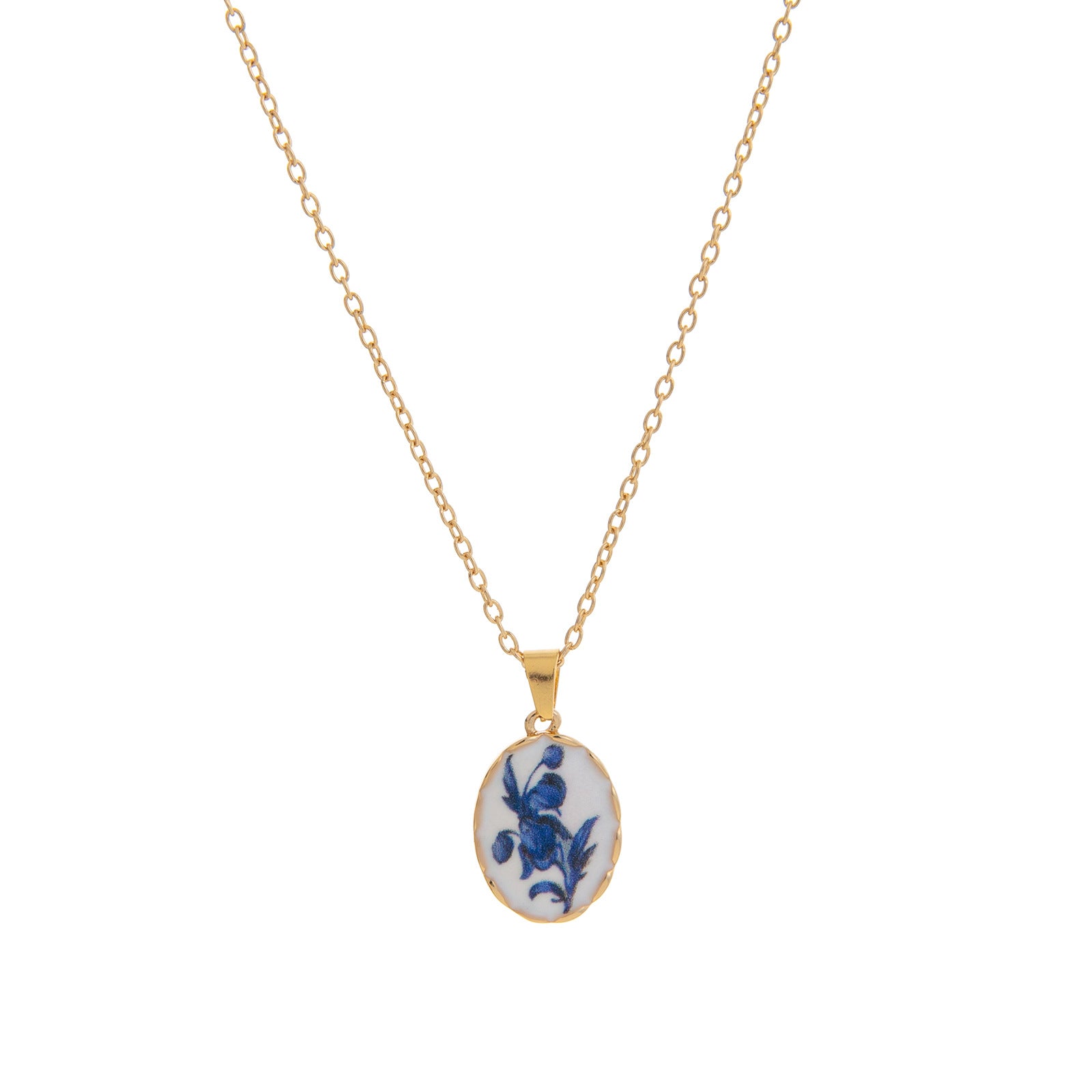 Retro Floral Print Oval Pendant Chain Necklace 6W6JNC412L