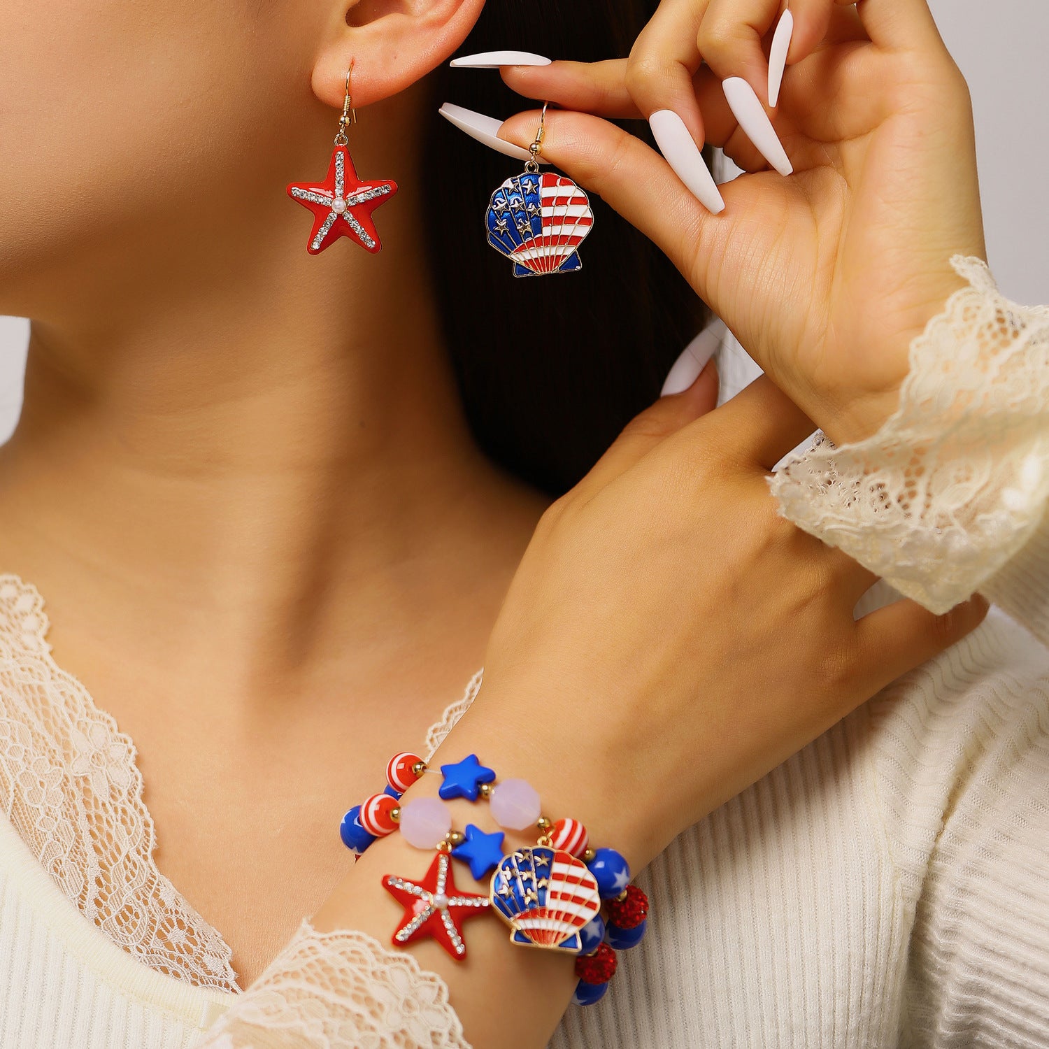Retro USA Flag Shell Pendant Hook Earring 8ZA6JER199L