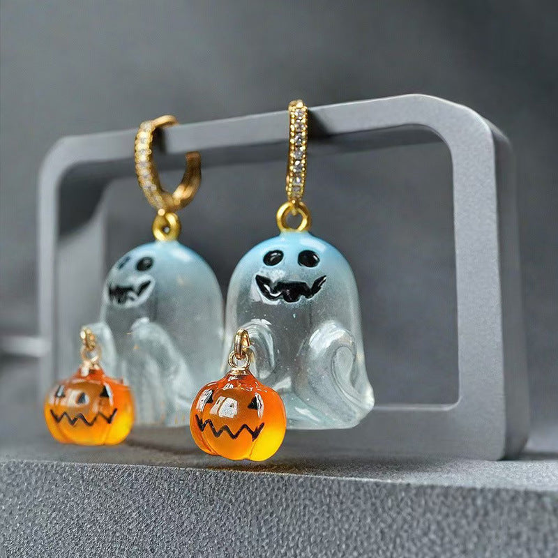 Spooky Halloween Ghost Pumpkin Rhinestone Hoop Earrings 6W6JER548