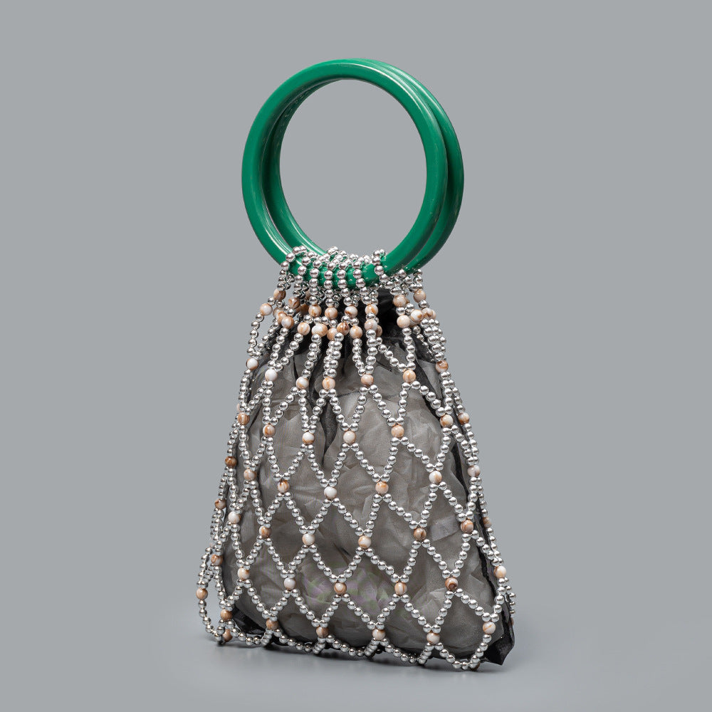 Color Contrast Hollow Hand-Woven Beaded Handbag 8BW6BBG424T