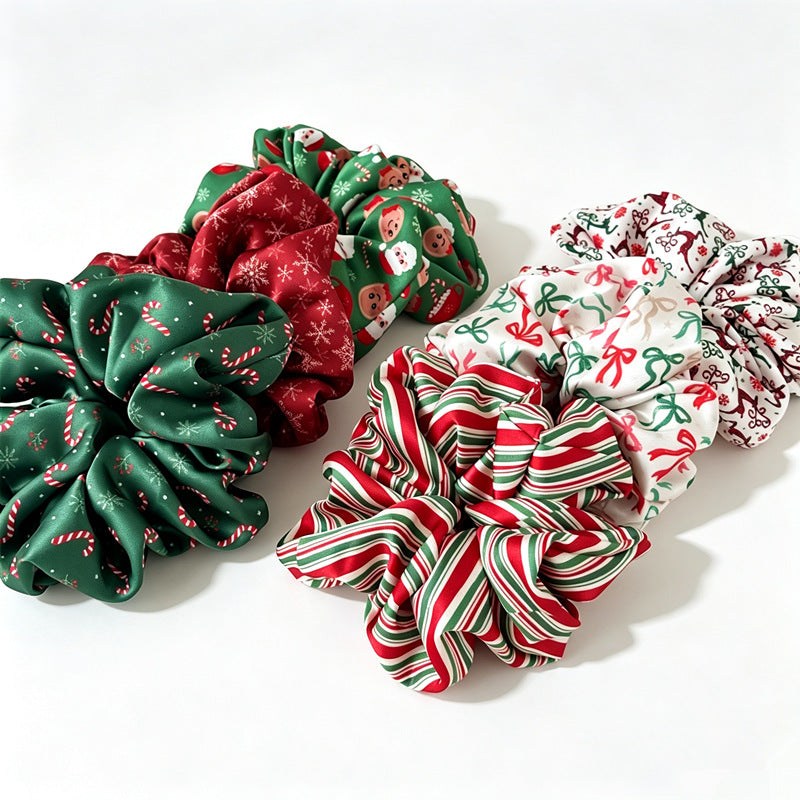 Striped Ribbon Print Christmas Satin Scrunchies 6W6HSR412