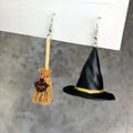 Halloween Witch Hat Broom Asymmetrical Dangle Earrings 6W6JER546