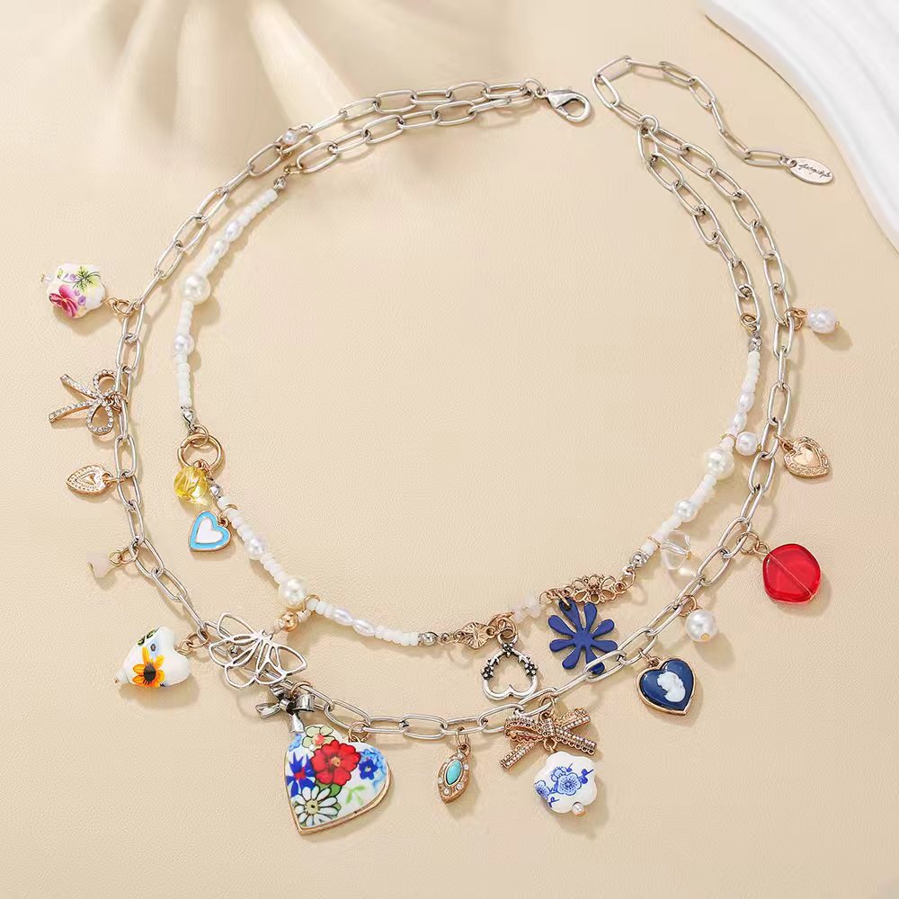 Boho-Style Double Layer Heart Pendant Necklace 6W6JNC619
