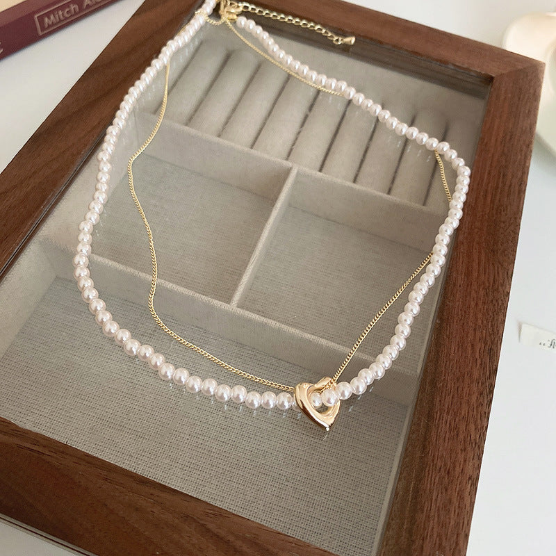 Elegant Double Layer Rhinestones Pearl Pendant Necklace 6W6JNC924