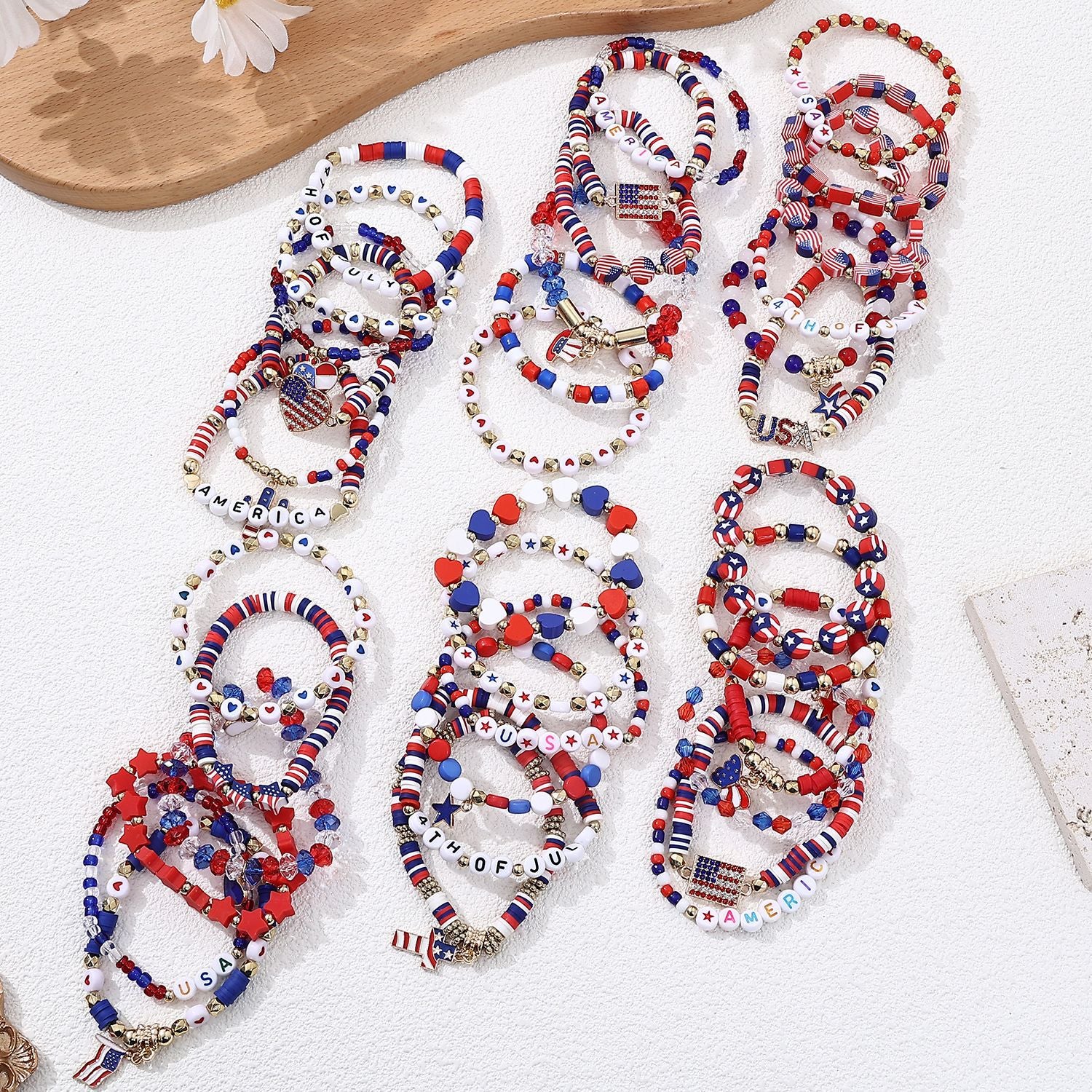 Stylish USA Flag Elastic Beaded Chain Bracelets Set 8ZA6JBR199T