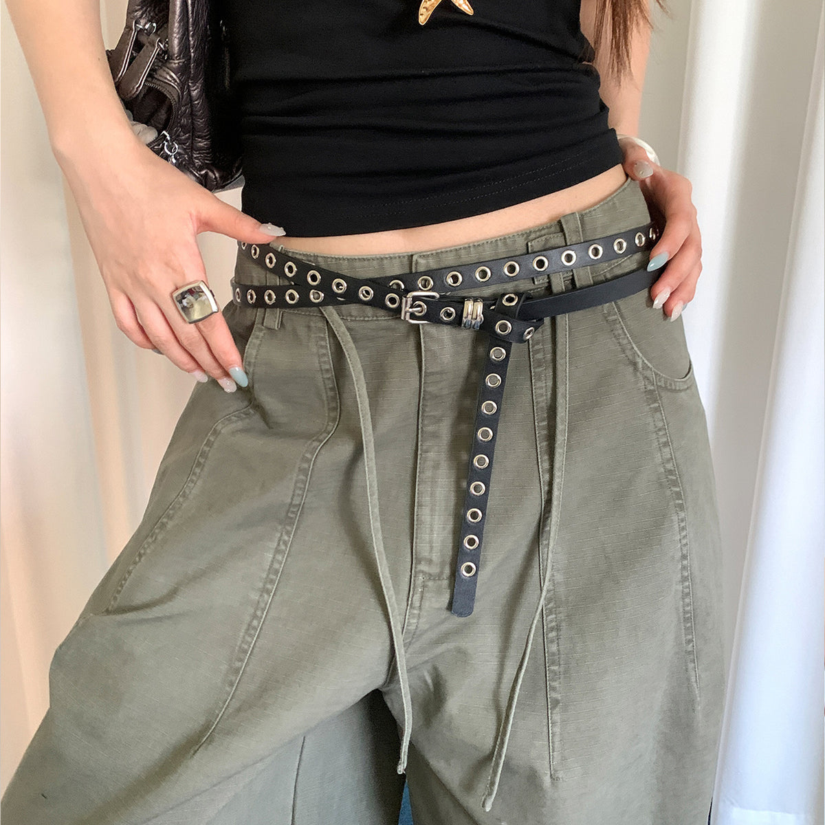 Punk Style Double-Layer Hollow Stud Waist Belt 6W6JBT195