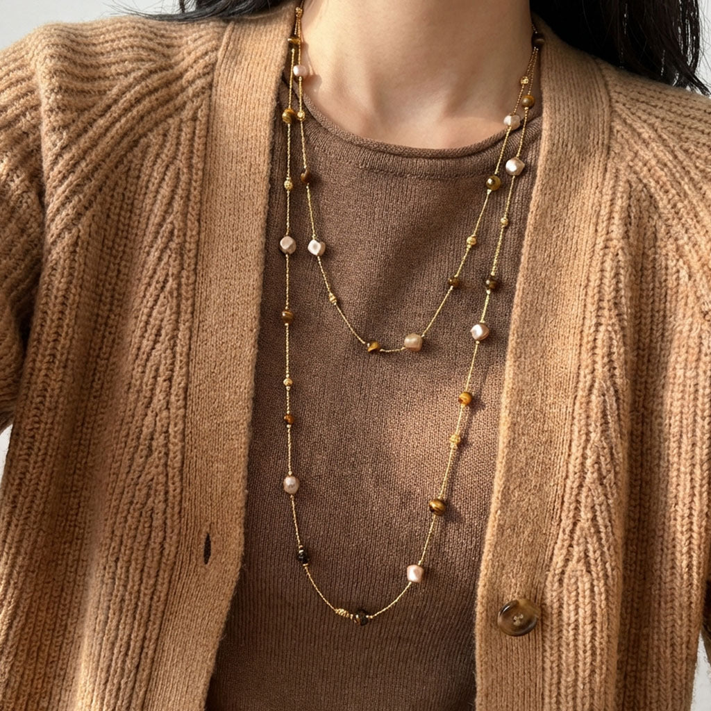 Vintage Tiger's Eye Pearl Chain Necklace 6W6JNC668