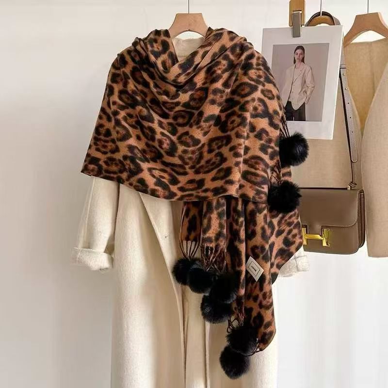 Leopard Print Pompom Scarf - DippedShop Wholesale - #2275
