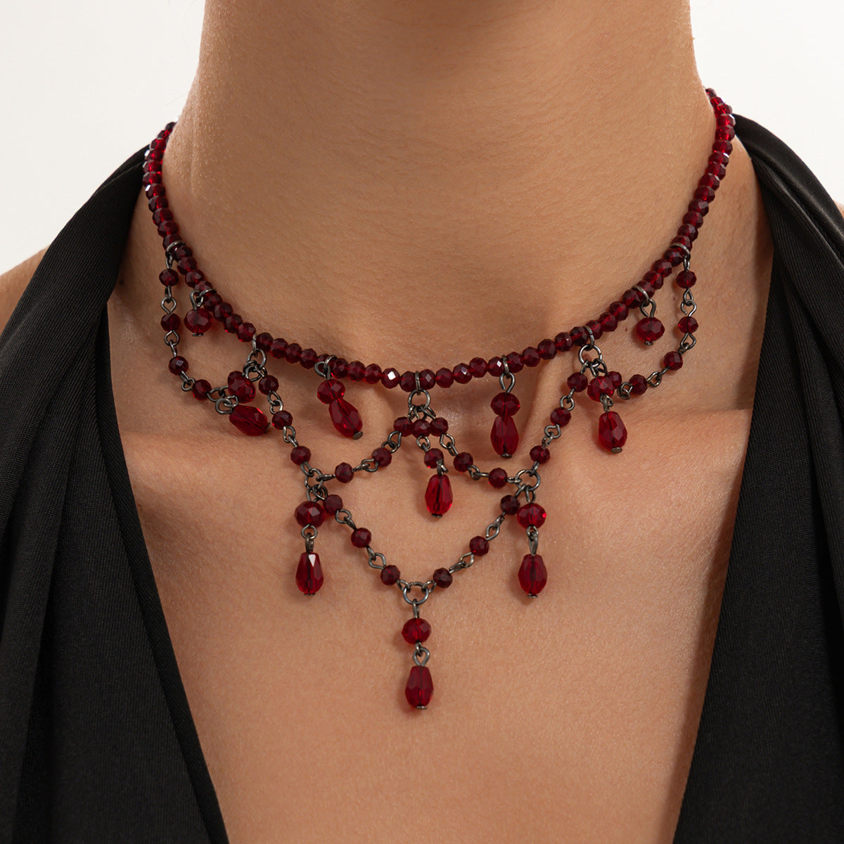 Dark Gothic Blood Red Crystal Beaded Fringe Choker 6W6JNC880