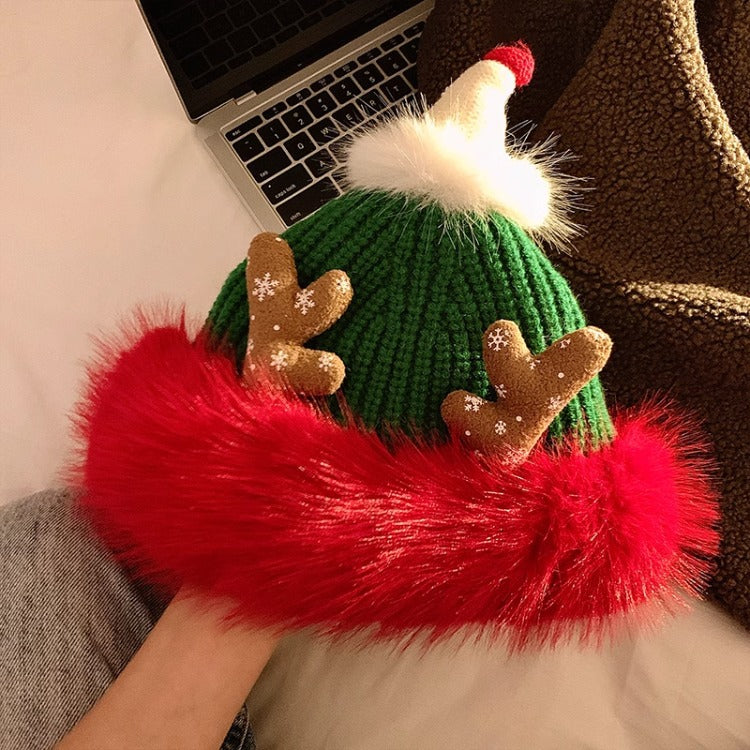 Fuzzy Plush Reindeer Antler Christmas Knitted Beanie 6W6HAT833