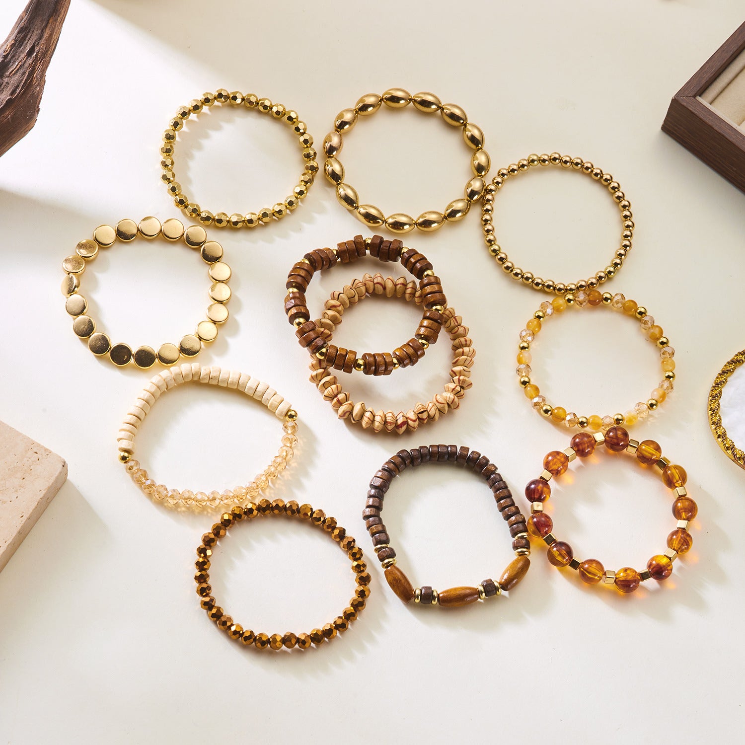 Boho Style Wooden Beaded Layered Elastic Bracelet 6W6JBR504