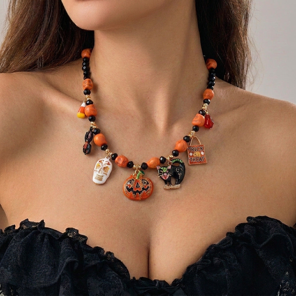 Vintage Halloween Pumpkin Bat Ghost Pendant Necklace 6W6JNC607