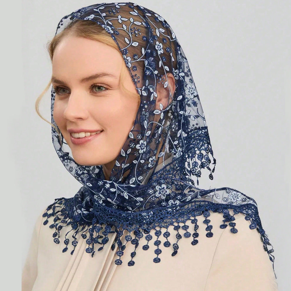 Solid Color Floral Lace Triangle Veil Head Scarf MK2BK6W6HHS23