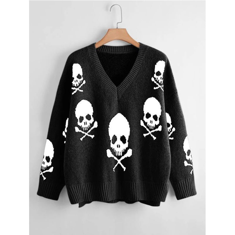 Halloween V-Neck Skull Pullover Sweater DP25G436