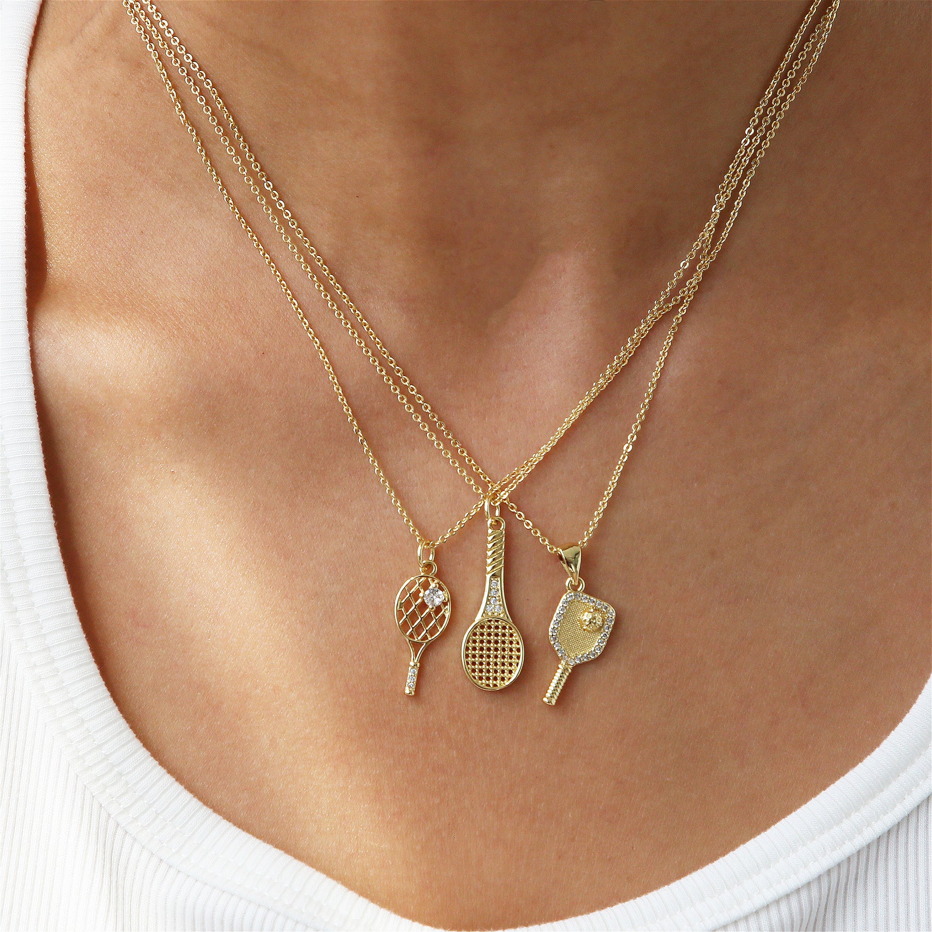 Simple Gold Plated Zirconia Tennis Racket Necklace 6W6JNC394L