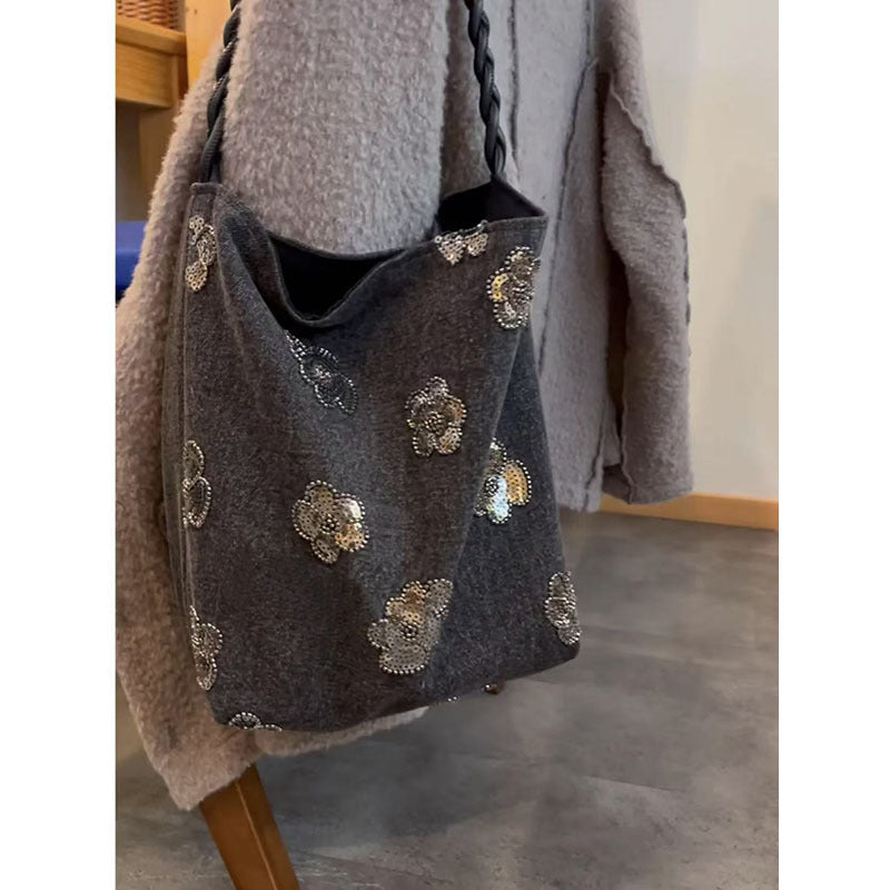 Vintage Floral Sequin Canvas Bucket Bag 6W10BBG1397