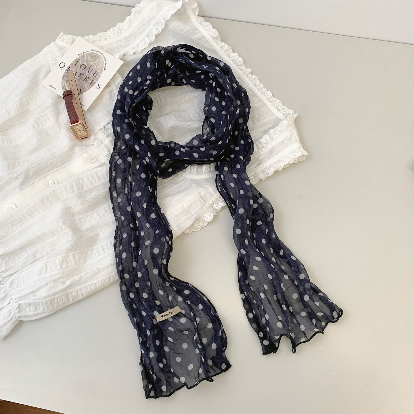 Retro Color Block Polka Dots Ruffled Silk Scarf MK2BLW6W6NSI74