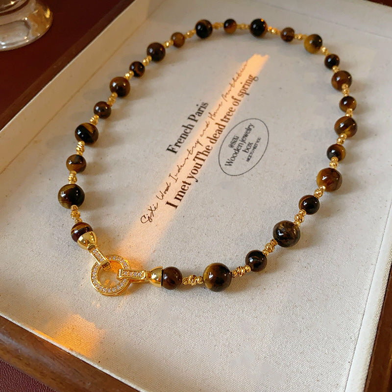 Vintage Gold Plated Tiger Eye’s Stones Necklace 6W6JNC959
