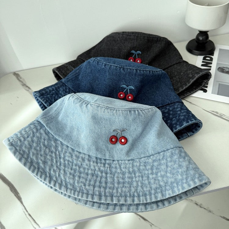 Cute Bowknot Cherry Embroidery Denim Bucket Hat MK2BW6W6HAT70